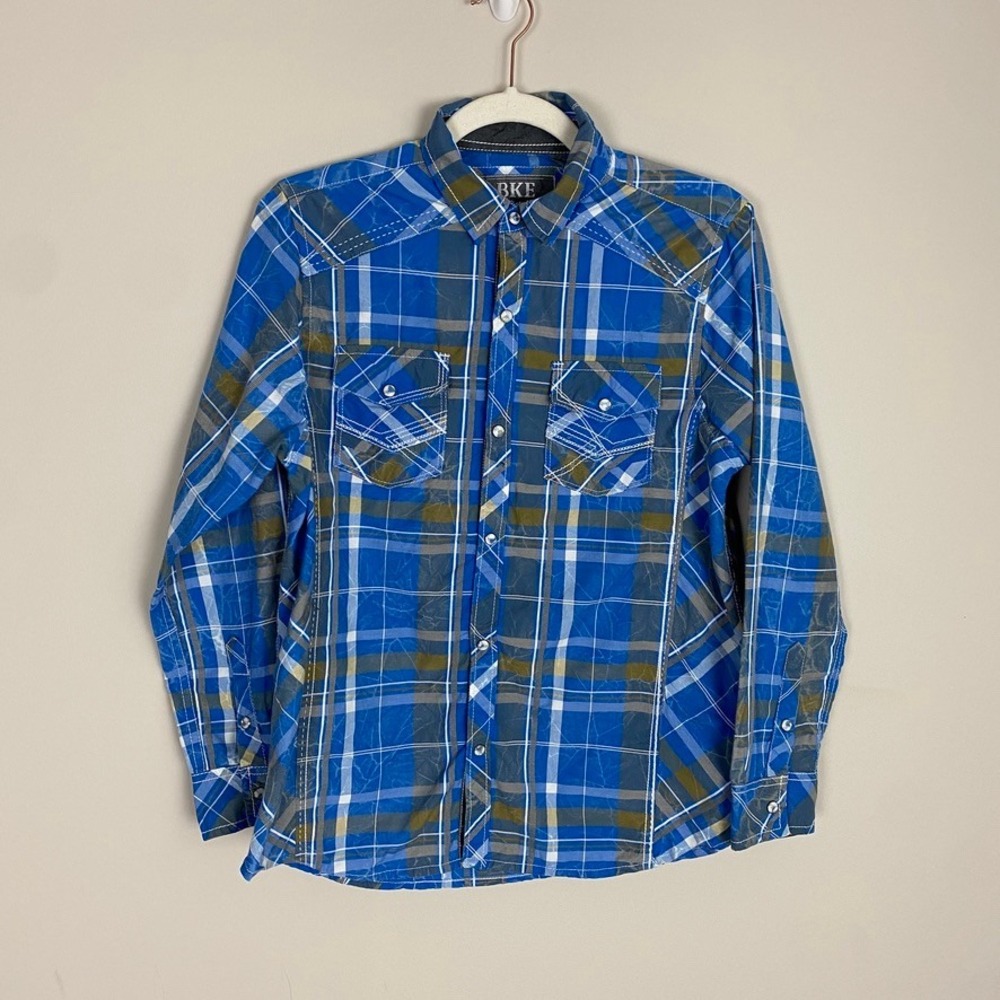 BKE Plaid Western Snap Button Shirt Mens Large Blue Long Sleeve Crinkle Western